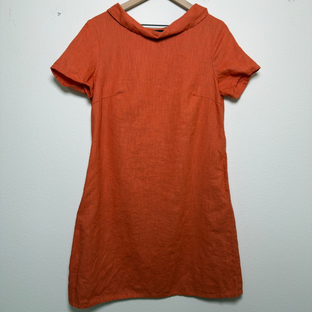 Le Muse Story Women Linen Shift Dress Large Orange Peter Pan Collar Bow Back Mod